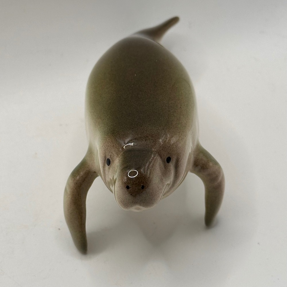Vintage Ceramic Manatee Figurine Glossy Glaze Sea Cow Statue Green Brown 5.5"